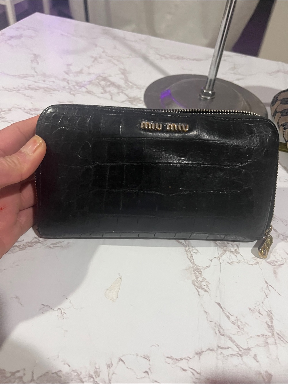 Miu Miu Black Croc-Embossed Zip Around Wallet with Gold Hardware